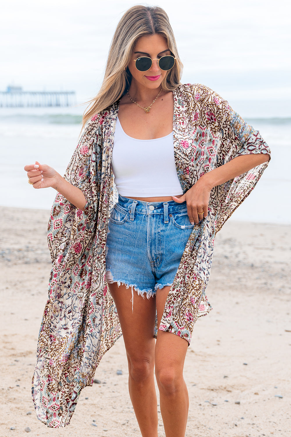 Love Salve  Apricot Floral Print Short Wide Sleeve Open Love Salve